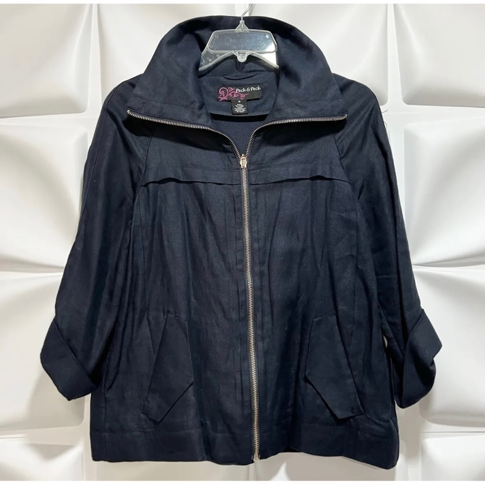 Peck & Peck Womens Sz M Navy Blue Tencel Linen Full Zip Utility Jacket